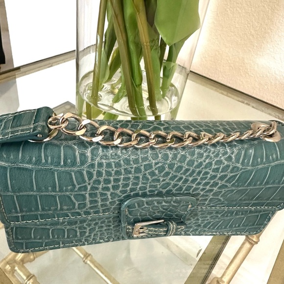 Liz Claiborne Teal Crocodile-Embossed Chain Strap Bag-Vintage Y2K Mini Purse - Picture 2 of 9